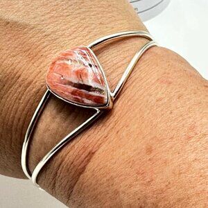 Womens Bracelet Sterling Silver Rhodochrosite Cuff Pink 14 Grams Adjustable Size